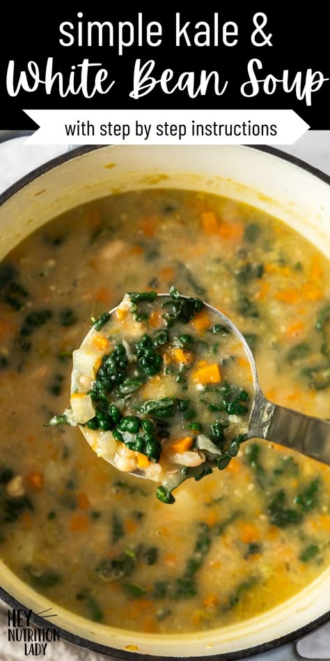 This simple and nourishing Kale and White Bean Soup recipe combines creamy white beans, starchy potatoes, and loads of veggies with Tuscan kale for a delicious vegetarian soup that's on the table in under an hour. Simmered on your stovetop, this is a one-pot recipe that the whole family will love. Kale And White Bean Soup, Kale And White Bean, Creamy White Beans, White Bean Kale Soup, Instant Pot Stew, Tuscan Kale, White Bean Soup Recipes, Tuscan Soup, Bean Soup Recipe