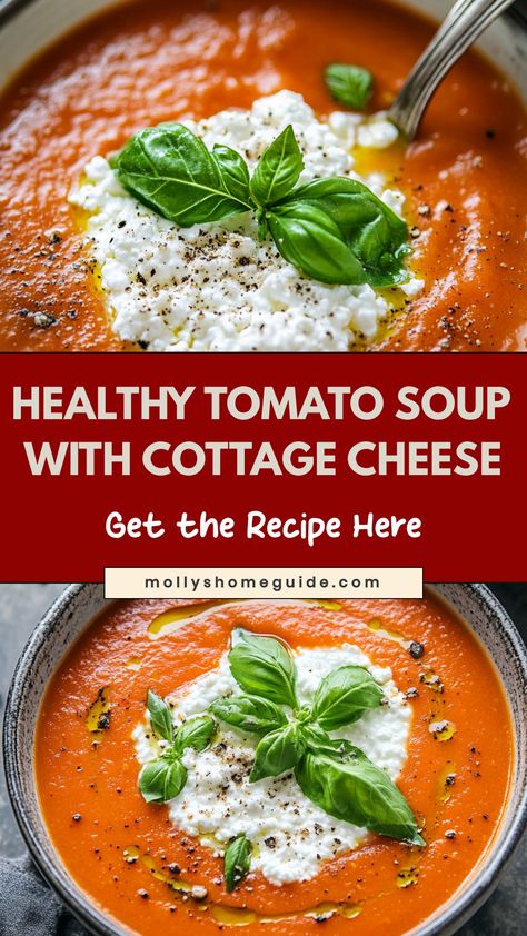 Indulge in the heartwarming flavors of tomato soup with a twist – creamy cottage cheese! This comforting and nutritious dish is perfect for any time of day. The silky smooth texture of cottage cheese adds an extra dimension to the classic tomato soup, making it a delightful treat for your taste buds. Whether you're looking for a cozy meal on a chilly evening or just want to try something new, this recipe is sure to become a favorite. Tomato Cottage Cheese Soup, Healthy Creamy Tomato Soup, Tomato Soup With Cottage Cheese, Cottage Cheese In Soup, Cottage Cheese Soup Recipes, Cottage Cheese Tomato Soup, High Protein Tomato Soup, Cottage Cheese Soup, Soup With Cottage Cheese