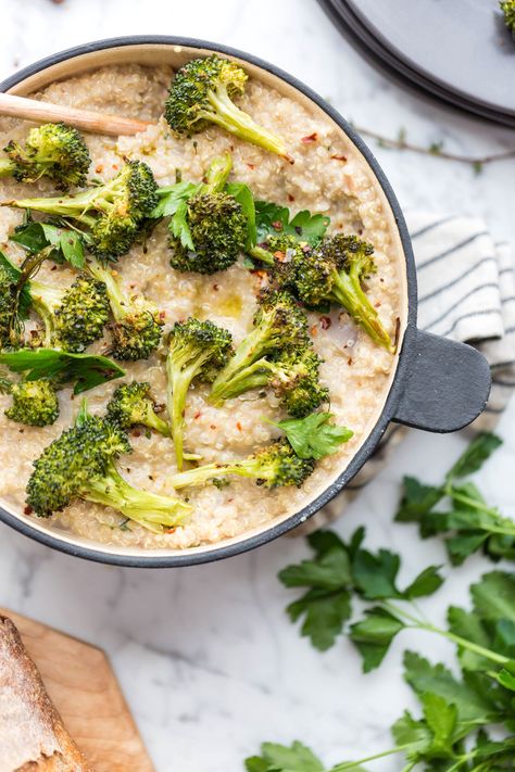 Creamy Quinoa and White Bean Risotto with Crispy Brassica Florets Bean Risotto, Creamy Quinoa, White Quinoa, Broccoli Rabe, Meat Free Recipes, Desserts Vegan, White Bean, Meat Free, White Beans