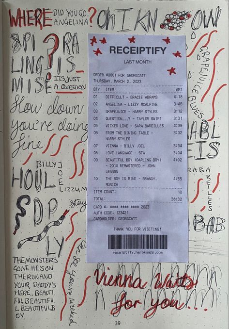 Junk Journal Receipts, Spotify Wrapped Journal, Spotify Wrapped Journal Page, Vienna Billy Joel, Sara Bareilles, Handwriting Alphabet, Love Journal, Billy Joel, Love Languages