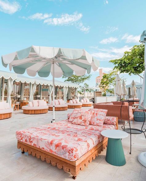 Full Venue Buyout at Strawberry Moon - in Miami Beach, FL La Jolla Houses, Goodtime Hotel, Mid Century Palm Springs, Moon Hotel, Bachelorette Party Planner, Strawberry Moon, Beach Patio, Strawberry Moons, Hotel Concept