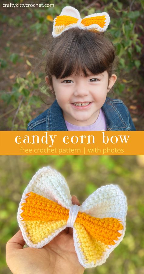 Candy Corn Bow - Crochet Pattern ~ Crafty Kitty Crochet Crochet Hair Bow, Crochet Bow Pattern, Crochet Hair Bows, Bow Crochet, Crochet Panel, Kids Crochet Pattern, Bow Barrette, Make Halloween, Crochet Bows