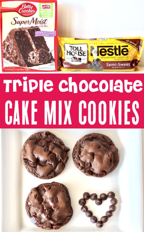 Cakemix Dessert Recipes, 4 Ingredient Chocolate Cookies, Chocolate Cookies With Cake Mix Boxes, Cake Mix Chocolate Cookies, Triple Chocolate Cake Mix Recipes, 3 Ingredient Cookies Cake Mix Boxes, Chocolate Cake Batter Cookies, Chocolate Cake Box Cookies, Cookies Using Chocolate Cake Mix Boxes