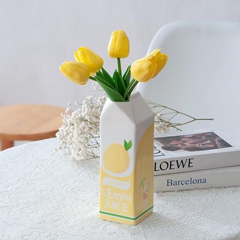 Unique Designed Vintage Inspired Decorative Ceramic Vase, Unique Table Flower Vases for Home/Funky Home Decor/Garden/Office, Lemon Juice. Lemon Room Decor, Unique Vase Shapes, Unique Vases For Flowers, Groovy Salon, Air Dry Clay Vase, Cool Vases, Kawaii Merchandise, Cute Vases, Cool Vase