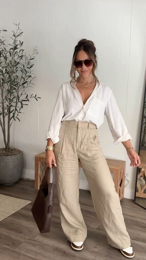 Europe Linen Outfits, Tan Pants Outfit Summer, Flowy Business Casual, Khaki Linen Pants Outfit, Linen Pants Outfit Winter, Tan Linen Pants Outfit, Tan Pants Outfit, Linen Trousers Outfit, Khaki Linen Pants