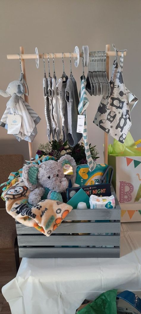 Godbaby Gifts, Baby Basket Gift Ideas Boy, Baby Shower Basket Gift Ideas Boy, Baby Shower Hanging Clothes Gift Ideas, Boy Gift Basket Ideas, Baby Boy Gift Basket Ideas, Baby Shower Gift Ideas For Boys, Diy Baby Shower Gift Basket, Baby Boy Shower Gifts Basket