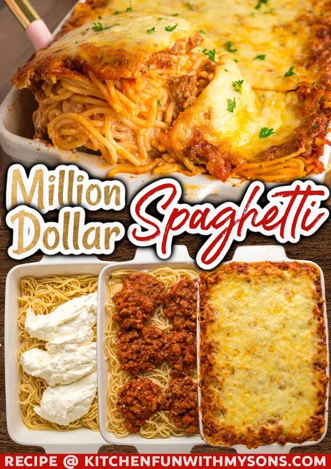 Million Dollar Spaghetti is an easy casserole with layers of spaghetti noodles, a creamy mixture of sour cream, ricotta, and cream cheese, and meat sauce, all topped with lots of cheese. Perfect for busy weeknights & always a favorite for the whole family. #casserolerecipes #easyweeknightdinners Spaghetti Noodle Bake, Million Dollar Baked Spaghetti Recipe, Spaghetti For Two Recipes, Paula Deen Million Dollar Spaghetti, Spaghetti For Large Group, Spaghetti Noodle Dinner Ideas, Spaghetti With Cream Of Mushroom Soup, Million Dollar Spaghetti Ricotta, Recipes That Use Spaghetti Noodles