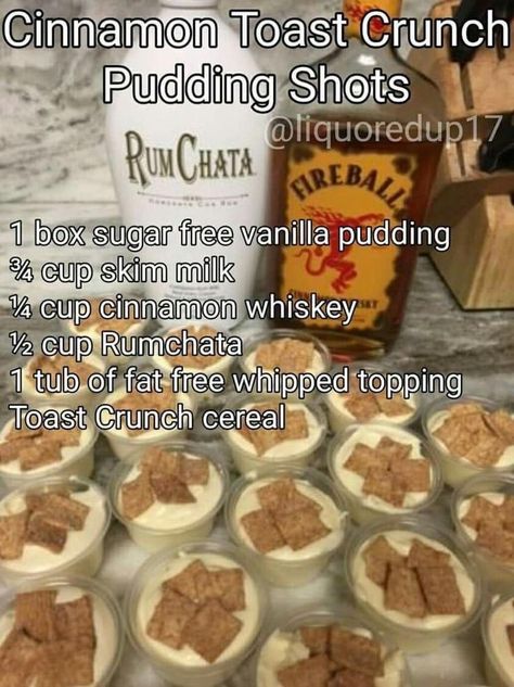 Cinnamon Toast Crunch Pudding Shots, Pudding Shot Recipes, Shots Alcohol Recipes, Fun Drinks Alcohol, Alcoholic Desserts, Pretty Alcoholic Drinks, Liquor Recipes, Jello Shot, Pudding Shots