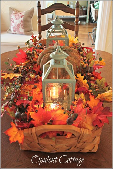 Fall Table Centerpieces and Home Decor Farmhouse style.30 Fall Flower Arrangements - Ideas for Fall Table Centerpieces Leaf Centerpiece, Fall Lanterns, Basket Centerpieces, Fall Centerpieces, Fall Table Centerpieces, Fall Flower Arrangements, Fall Thanksgiving Decor, Autumn Table, Fall Deco