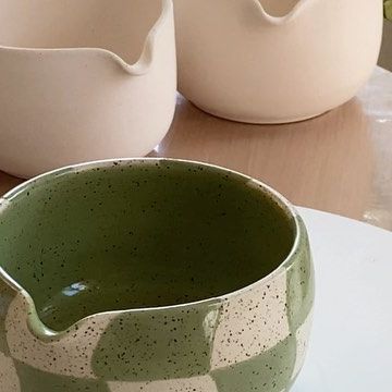 madeline on Instagram: "glaze with me~ wavy matcha checkered edition 🍵😌 it’s been a min since i posted and made a glaze with me reel, but i’ve been spending my days working on the previous batch of pre orders! doing a limit of three designs has actually helped me mentally and physically regroup from the batch before. ofc i’m always so grateful for your orders and support but some designs were getting a bit repetitive for me and i needed a break from them to avoid completely hating to make them Checkered Pottery, My Days, Ceramics Pottery Art, Grateful For You, Ceramics Pottery, Glazes For Pottery, Day Work, So Grateful, Ceramic Clay