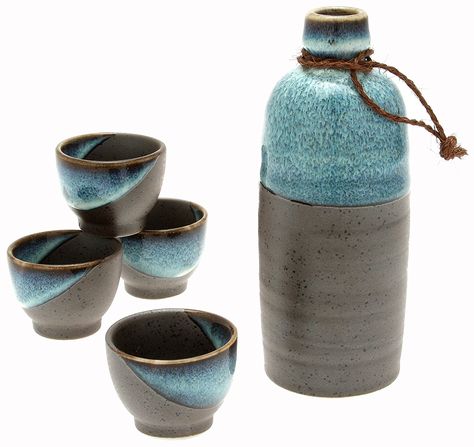 Amazon.com | Kotobuki Japanese Sake Set, Kuro Iga "Black Sand Beach", Blue: Wine Decanters Sake Sushi, Ceramics Design, Sushi Set, Sake Bottle, Sake Set, Japanese Sake, Wine Set, Beach Blue, Black Sand Beach