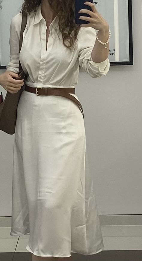 White Shirt And Skirt Outfit Classy, Old Money Midi Skirt, Feminine Outfits For Work, Classy Summer Skirt Outfits, Silk Skirt Outfit Classy Summer, White Skirt Old Money Outfit, Silk Shirt And Skirt Outfit, White Skirt Outfit Classy, Skirt Outfits Old Money