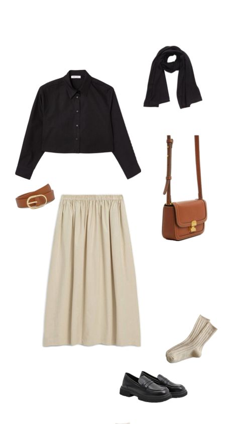 black crop shirt, beige long skirt, black loafer, tan crossbody bag, tan belt, black hijab, hijabi outfit Beige Long Skirt, Black Crop Shirt, Beige Skirt Outfit, Skirt Outfits Hijab, Hijabi Summer Outfits, Tan Outfit, Tan Crossbody Bag, Black Hijab, Hijabi Outfit