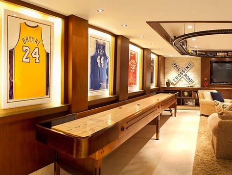 Framed Jerseys: From Sports Themed Teen Bedrooms To Sophisticated Man Caves! Ice Cafe, Cave Interior, Sport Room, Shuffle Board, Contemporary Basement, Sports Man Cave, Contemporary Family Room, Future Man, Basement Lighting