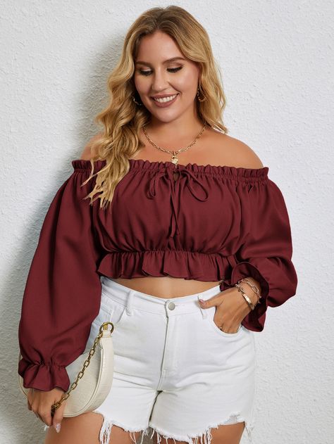 Plus Bardot Frill Trim Flounce Sleeve Crop Top Plus Size Crop Top Outfit, Plus Size Crop Tops, Summer Outfits Curvy, Plus Size Summer Outfits, Shoulder Wrap, Christian Girl, Crop Top Outfits, Cropped Tops, Flounce Sleeve