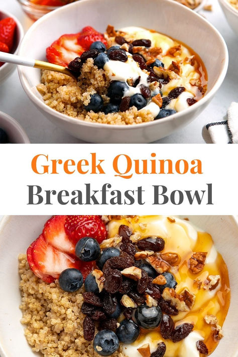 Quinoa Breakfast Bowl With Greek Yogurt Quinoa Yogurt Breakfast Bowl, Mediterranean Diet Breakfast Meal Prep, Mediterranean Breakfast Bowl, Yoghurt Breakfast, Mediterranean Diet Snacks, Yogurt Breakfast Bowl, Chia Puddings, Breakfast Overnight, Elimination Diet Recipes