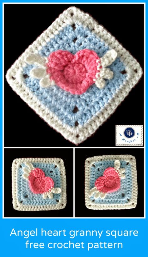 Diy Laine, Heart Granny Square, Crochet Angel, Crochet Blocks, Angel Heart, Crochet Square Patterns, Square Crochet, Granny Squares Pattern, Granny Square Crochet Pattern