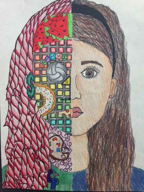 Self Portrait Ideas Drawing, Portrait Ideas Drawing, 7th Grade Art Projects, About Me Art, Half Face Drawing, Self Portrait Ideas, 7th Grade Art, High School Art Lessons, Art Education Lessons