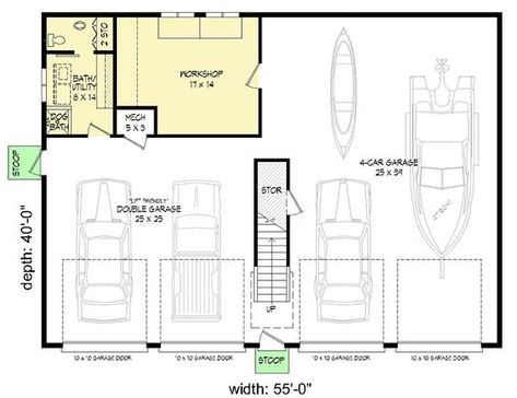 This detached garage plan gives you parking for 4-cars - each with their own 10' by 10' garage door . A workshop with adjacent bathroom and utility area is found on the main level. Stairs go to a loft area that spans the entire width of the garage. Related Plans:  Get alternate 4-car garage plans with 68545VR, 68439VR,   68482VR  and  68600VR . Garage 4 Car, 4 Car Garage Ideas, Detached Garage Plans, Granny Pad, 6 Car Garage, 3 Car Garage Plans, Garage Shop Plans, Utility Area, Garage Plans With Loft