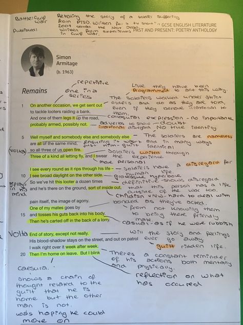 Remains (part 1) Remains Poem Annotations, Remains Poem Analysis Gcse, Remains Annotations, Remains Analysis, Remains Poem Analysis, English Literature Classroom, Poetry Revision, English Literature Poems, Gcse Poems