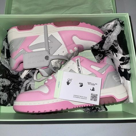 Pink/Grey/White Off-White Sneakers for Woman size 36 (5/5.5) Pink And Grey Shoes, Pink Off White Shoes Outfit, Pink Off White Shoes, Pink And White Sneakers, Off White Trainers, White Shoes Outfit, Birthday Shoes, Off White Sneakers, Pretty Shoes Sneakers