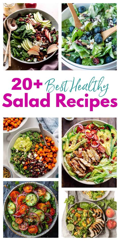 Healthy salad recipes are a great way to get your fill of fresh veggies, fruits, nuts, and leafy greens. A healthy salad can make you feel better and taste delicious. These easy healthy salad recipes give you a variety to choose from. Chicken salad recipes, shrimp and avocado recipes, apple walnut salad recipes, kale salad, quinoa salad, chickpea salad, green bean salad, healthy salad recipes for the whole family.  #besthealthysaladrecipes #healthysaladrecipes #healthysalad @healthysalads Prep Ahead Salads, Easy Salad Recipes For Dinner, Salad For Party Ideas, Shrimp And Avocado Recipes, Walnut Salad Recipes, Main Meal Salads, Healthy Salads Clean Eating, Salads Recipes Healthy, Healthy Salad Recipes For Dinner