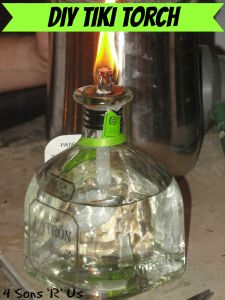 4 Sons 'R' Us: DIY Tiki Torch *Using citronella infused torch fuel I’m able to keep the mosquitoes at bay, all while adding a little ‘enchantment’ to my evenings. My still full wallet was feeling pretty enchanted too!* Bottle Tiki Torch Diy, Diy Tiki Torch, Tiki Torches Diy, Patron Bottle Crafts, Torches Diy, Patron Bottle, Outdoor Torches, Liquor Bottle Crafts, Tequila Bottles