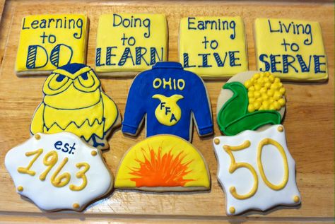 50 years of Ridgemont FFA Cookies Ffa Scrapbook Ideas, Cookie Baskets, Graduation Food, Cookie Contest, Cow Cookies, Ideas To Sell, Cookie Box, Ffa, Cookie Ideas