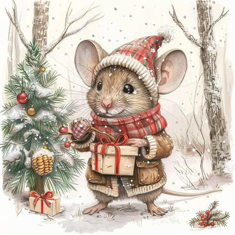 Vintage Christmas Cards Artwork, Christmas Mouse Illustration, Christmas Vintage Illustration, Vintage Christmas Illustrations, Maus Illustration, Dress Clipart, Christmas Mice, Journaling Scrapbook, Mouse Illustration