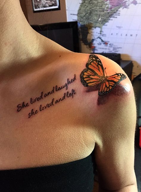 3-D butterfly and quote tattoo by Audrey Mello Butterfly Tattoo With Words, Butterfly Quote Tattoo, Tattoo With Words, Monarch Tattoo, 3d Butterfly Tattoo, Butterfly Tattoo Meaning, Remembrance Tattoos, Butterfly Tattoos For Women, Stylist Tattoos