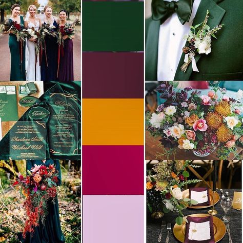 Hunter Green Wedding Palette, Green And Yellow Fall Wedding, Hunter Green Wedding Theme Color Schemes, Color Palette Hunter Green, Hunter Green Complementary Colors, Emerald Green Pallet, Emerald Wedding Color Palette, Colors That Go With Hunter Green, Hunter Green Fall Wedding