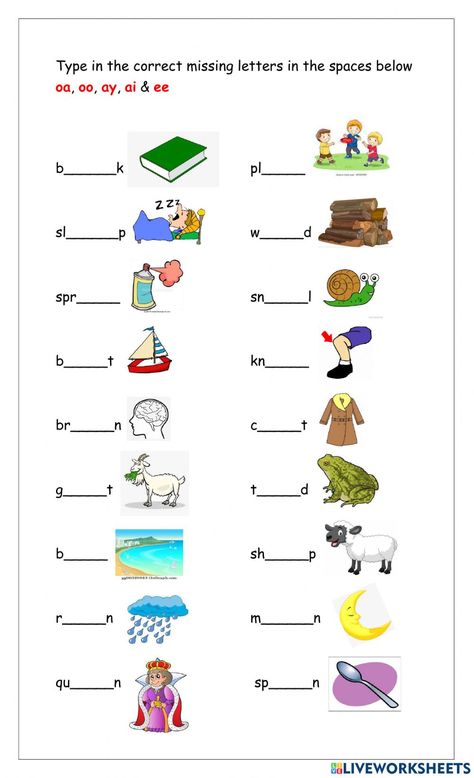 Ay Words Worksheet, Ee Words Worksheet, Ay Words, Phonics Blends Worksheets, Ee Words, Ingles Kids, Digraphs Worksheets, Words Worksheet, Phonics Blends