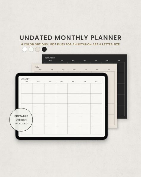 Monthly Planner, Monthly Calendar Undated Digital Planner Template for Goodnotes Ipad, Landscape Monthly Dark Mode Printable Editable PDF #monthlyplanner #monthlycalendar #monthon1page #undatedmonthlypage #monthataglance #landscapemonthly #digitalplanner Ipad Planner Template Free, Planner Template Landscape, Planner Monthly Layout, Undated Monthly Calendar, Bullet Journel, Undated Monthly Planner, Monthly Planner Template, Planner Writing, Month Planner