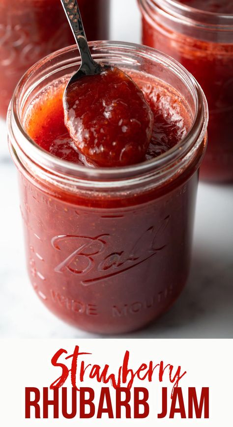 How to Make Strawberry Rhubarb Jam - You'll love our easy recipe for the best homemade jam, no pectin needed! Sweet and tangy strawberry and rhubarb jam is perfect to enjoy on toast or use in your favorite dessert recipes. Learn the secret for making the best jam, either in the freezer of using the traditional canning method. Rhubarb Jam No Pectin, Strawberry Jam No Pectin, Rhubarb Freezer Jam, Rhubarb Jelly, Jam Without Pectin, Freeze Rhubarb, Rhubarb Jam Recipes, Freezer Jam Recipes, Strawberry Rhubarb Jam