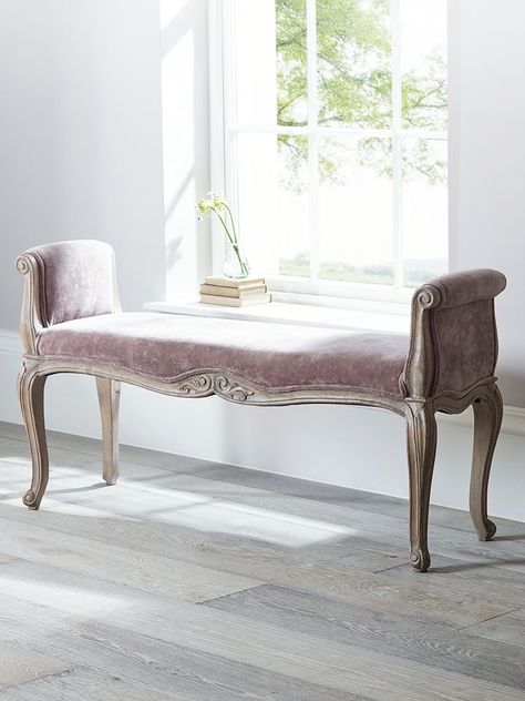 Elegant Country Home, French Inspired Furniture, Pink Office Chair, French Bench, Wood Details, Purple Coat, Trendy Bedroom, Bedroom Vintage, French Furniture