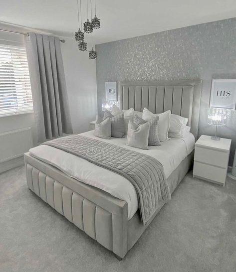 The Bedroom centre on Instagram: “One of our most popular exclusive designs to date. The Wynn in Plush Velvet Silver 🤍💭 Styled to perfection by @ourfirsthome.at.no12 😍…” Super King Bed Frame, Beautiful Bed Designs, Sleigh Bed Frame, Large Headboard, Grey Bedroom Decor, Luxury Room Bedroom, Classy Bedroom, Luxury Room, Beautiful Bed