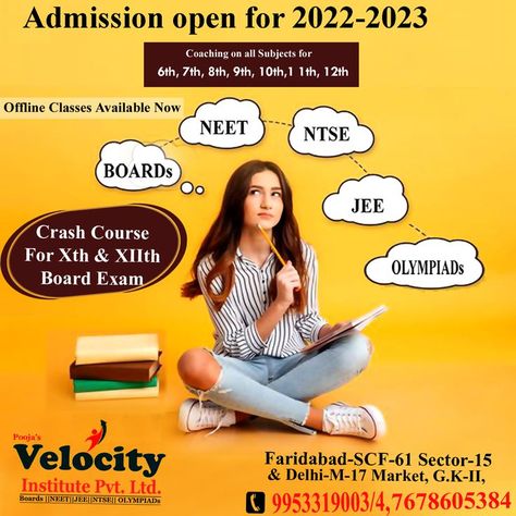 Crash Course For Xth & XIIth Board Exam Coaching on all Subjects for – 6th,7th,8th,9th,10th,11th,12th NEET Dropper Batch staring in velocity institute, Delhi, Faridabad, Online, offline , Non-Attended Classes, Boards, NEET, NTSE, JEE, Olympiads , VI to XII Std. Class, SCF-61, Sector-15, Faridabad, M-17, G.K-II, Delhi, @ 9953319003/4 , 7678605384, ENGINEERING ADMISSIONS, MBBS ADMISSIONS #offlineclasses #board #marketing #board #olympiads #boards #olympiad #ntse #students #job #jee #neet #non #on Board Exam, Crash Course, Online Classes, Subjects, Coaching, Engineering, Marketing