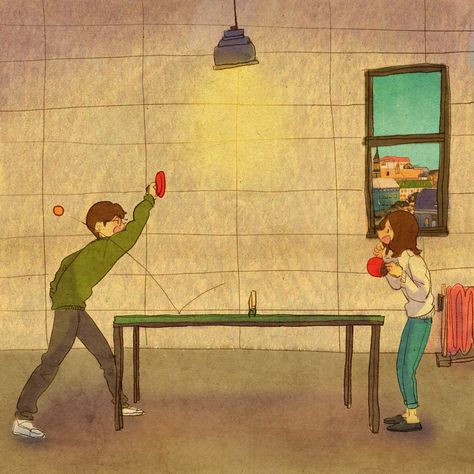 ♥ PING PONG ~ He looks so strong, even when I'm the one smacking the ping pong ball when we play table tennis. ♥ by Puuung at www.facebook.com/puuung1 ♥ Puuung Love Is, Wall E Eve, Love Of My Live, Shall We Dance, Couple Illustration, Cute Love Stories, Love Illustration, Cute Couple Art, Art And Illustration