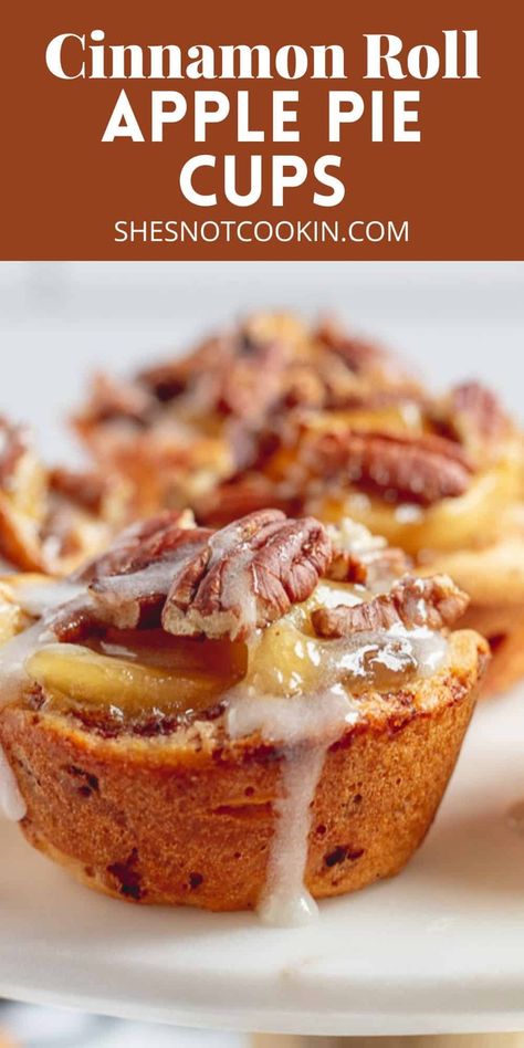 Apple pie cinnamon roll cups on white plate. Cinnamon Roll With Apple Filling, Apple Pie Cups Cinnamon Roll, Cinnamon Rolls Apple Pie Filling, Cinnamon Rolls Apple Pie, Cinnamon Roll Apple Pie Cups, Cinnamon Rolls Apple, Cinnamon Roll Cups, Apple Pie Cups, Desserts Bars