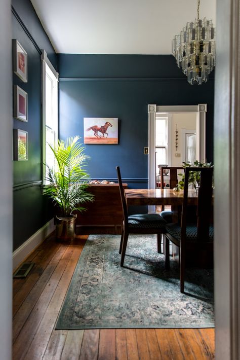 Dark Blue Accent Wall Dining Room, Dusty Blue Dining Room, Dark Chair Rail, Dark Blue Dining Room Walls, Farrow And Ball Dining Room, Navy Blue Dining Room, Teal Dining Room, Navy Dining Room, Dark Blue Dining Room