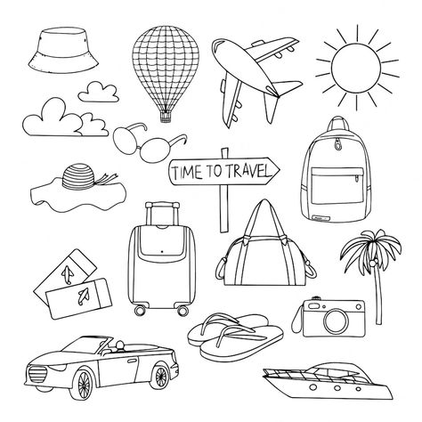 Walk Print Ideas, Transportation Doodle, Trip Doodle, Train Doodle, Doodles Travel, Vacation Drawing, Work Clipart, Travel Doodle, Crochet Travel