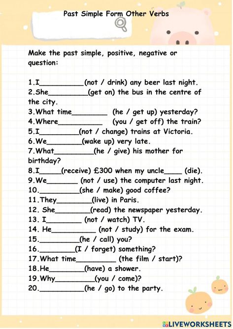 Past Simple Negative Worksheets, Past Simple Worksheets, Present Perfect Tense Exercises, Verbs Tenses, Simple Past Tense Worksheet, Present Past Tense, Past Tense Worksheet, Teach English To Kids, English Adjectives