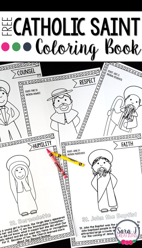 Catholic Saints Coloring Book - FREE sample. Great way to teach the virtues through the lives of the Saints. Catholic Kids Activities, Religion Activities, Saints For Kids, Catholic Schools Week, Saint Coloring, Godly Play, Catholic Education, Saints Days, Catholic Crafts