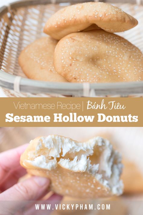 Bánh Tiêu is one of my favorite Vietnamese desserts. It’s essentially a Vietnamese donut. What sets it apart from traditional western donuts is the airy and soft hollow interior and fragrant sesame seed crust. Also, it’s not too sweet, making it very easy to scarf down a bunch at once...something I’m not ashamed to admit. Vietnamese Pastries, Vietnamese Dessert Recipe, Vietnamese Sweets, Khmer Dessert, Vietnamese Bread, Chinese Dessert Recipe, Vietnamese Desserts, Sweet Sticky Rice, Vietnamese Dessert