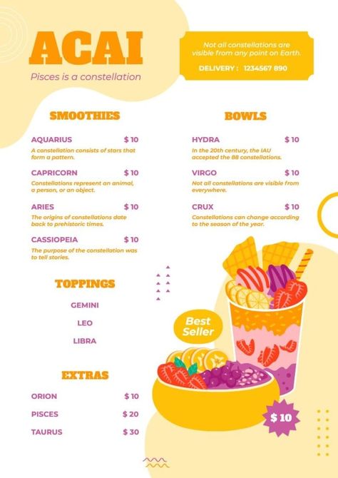 Hand-drawn Waves Acai Menu Acai Menu Design, Acai Bowl Menu Design, Acai Branding, Capricorn And Virgo, Brand Kit, Bar Menu, Menu Template, Focus On Yourself, Menu Design