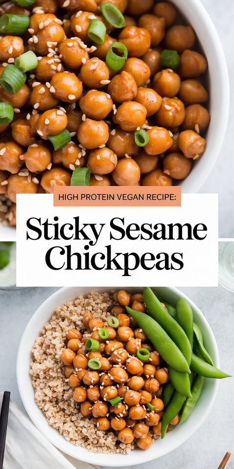 Sticky Sesame Chickpeas plated as a healthy, plant-based dinner idea, sprinkled with sesame seeds and paired with steamed broccoli. Asian Chickpea Recipes, Protein Plant Based Meals, High Protein Plant Based Meals, Sesame Chickpeas, High Protein Plant Based, Best Vegan Dinner, Wfpb Vegan, Chickpea Bowl, Vegan Chickpea Recipes