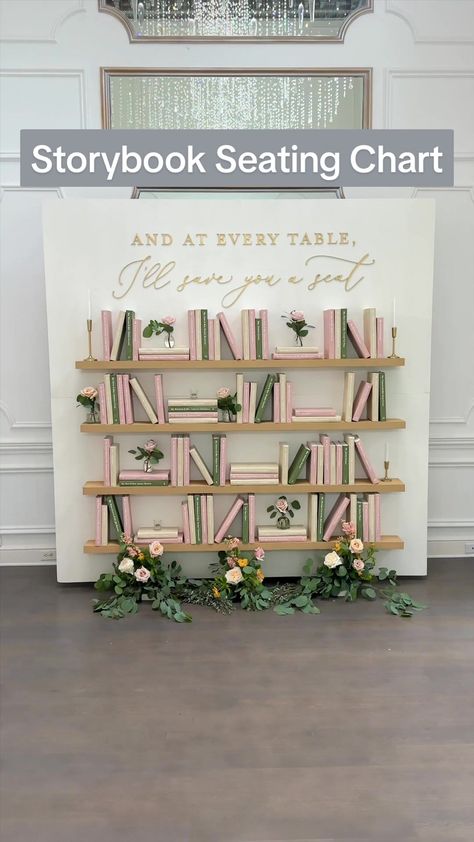 Wedding Bookshelf Decor, Book Wall Seating Chart, Storybook Wedding Seating Chart, Storybook Seating Chart, Wedding Book Seating Chart, Seating Chart Book Theme, Bookshelf Wedding Seating Chart, Seating Chart Books, Wedding Seating Chart Books