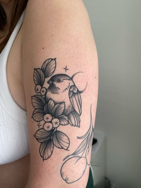 Chickadee tattoo Tattoo Chickadee, Oriole Tattoo, Nightingale Tattoo, Woodpecker Tattoo, Chickadee Tattoo, Appearance Goals, Tattoos 2023, Bird Tattoos For Women, Wildlife Tattoo