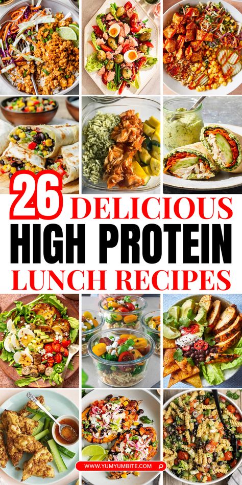 Fuel your day with 26+ High Protein Lunch Recipes! From protein-packed salads to savory bowls, wraps, and hearty mains, these meals will keep you energized and satisfied. Perfect for fitness enthusiasts or anyone looking to up their protein intake. Save this pin for quick, healthy lunches that fill you up! Protein Filled Lunches For Work, High Protein Paleo Lunch, Healthy Proteins For Dinner, Healthy Salad Recipes With Protein, High Protein Gluten Free Lunch Ideas, Easy Protein Lunch Meal Prep, Easy High Protein Work Lunch, No Heat High Protein Lunches, Easy Lunches To Take To Work High Protein