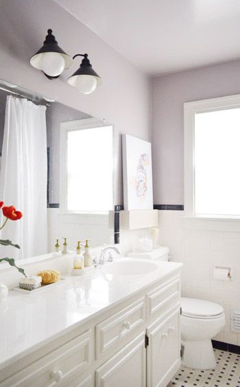 Taking A Cue From Granny… | Young House Love, keeping a bathroom light without just using white Benjamin Moore Elephant Gray, Two Tone Bathroom Walls Paint Colors, Purple Bathroom Walls, Purple Gray Bathroom, Purplish Gray Paint, Light Purple Gray Paint, Bathroom Purple Paint, Light Purple Bathroom Ideas, Gray Lilac Paint